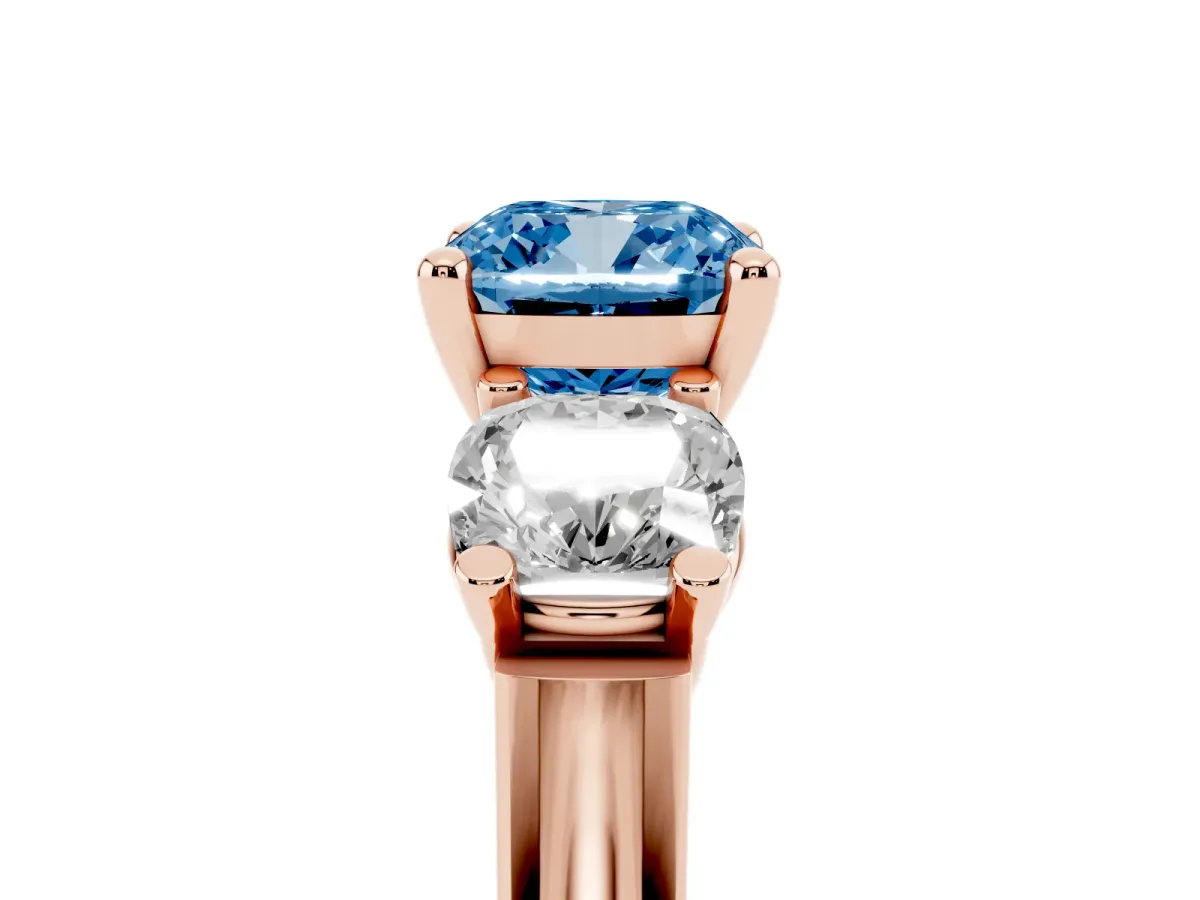 Fancy Blue Three-Stone Cushion Cut Brilliant Diamond Trellis Ring with Comfort Fit Band Rose gold