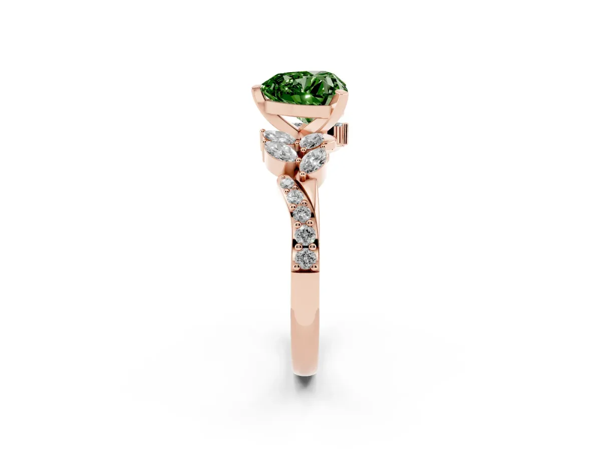Fancy Green Heart Cut Solitaire Marquise Twist Band with Six-Prong Setting Rose gold