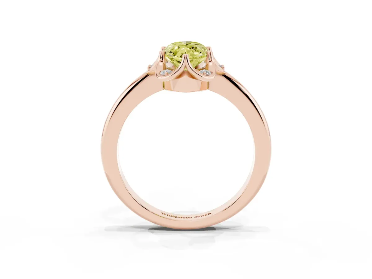 Fancy Yellow Marquise Cut Halo Diamond Ring with Round Cluster Setting, Solitaire Band, and Four-Prong Setting Rose gold