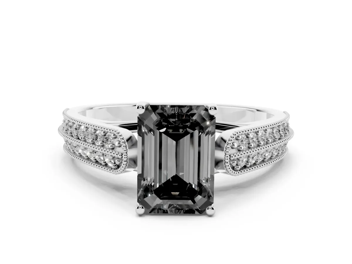 Fancy Black Emerald Cut Cut Pave Split Shank Engagement Ring with Four-Prong Setting Platinum