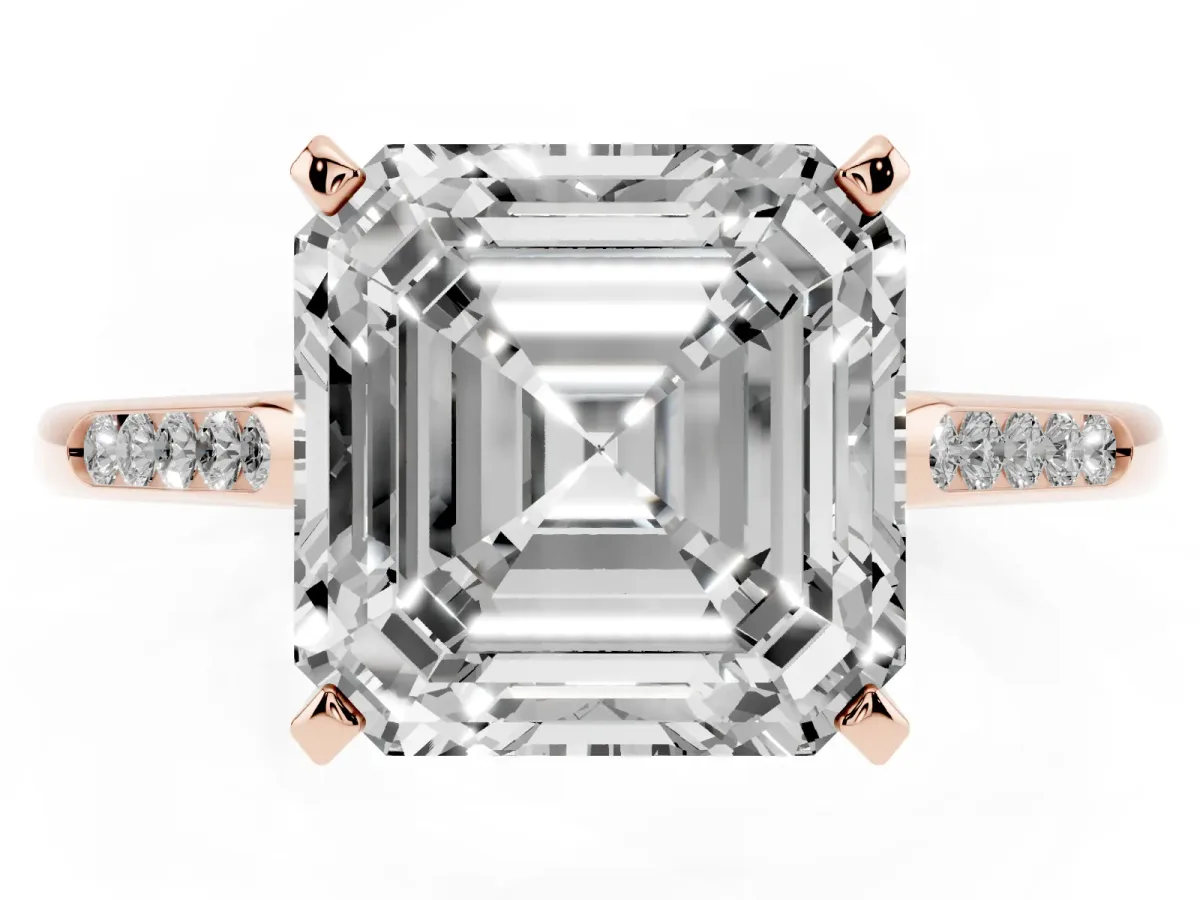 Asscher Cut Diamond Solitaire Ring with Channel Set Round Band and Prong Setting Rose gold