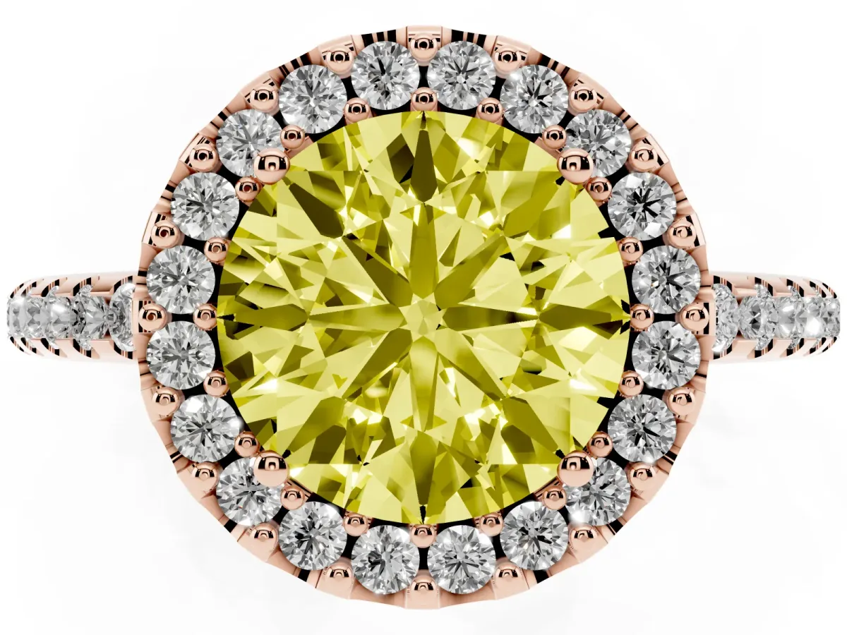 Fancy Yellow Round Cut Diamond Pavé Halo Ring with Four-Prong Setting Rose gold