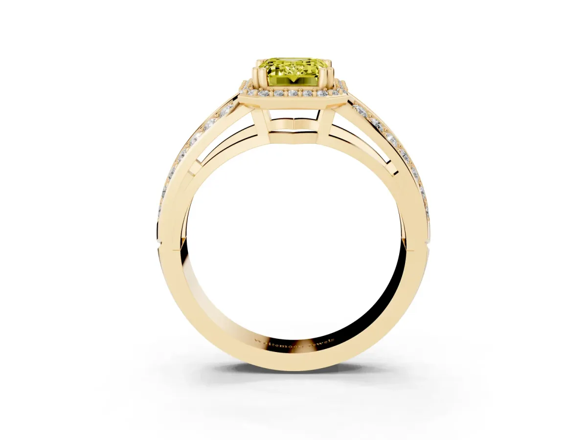 Fancy Yellow Emerald Cut Diamond Halo Ring with Split Shank Pavé Band and Four-Prong Setting Yellow gold
