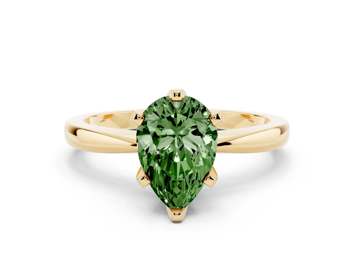 Fancy Green Pear Cut Solitaire Engagement Ring with Six-Prong Setting and Tapered Band Yellow gold