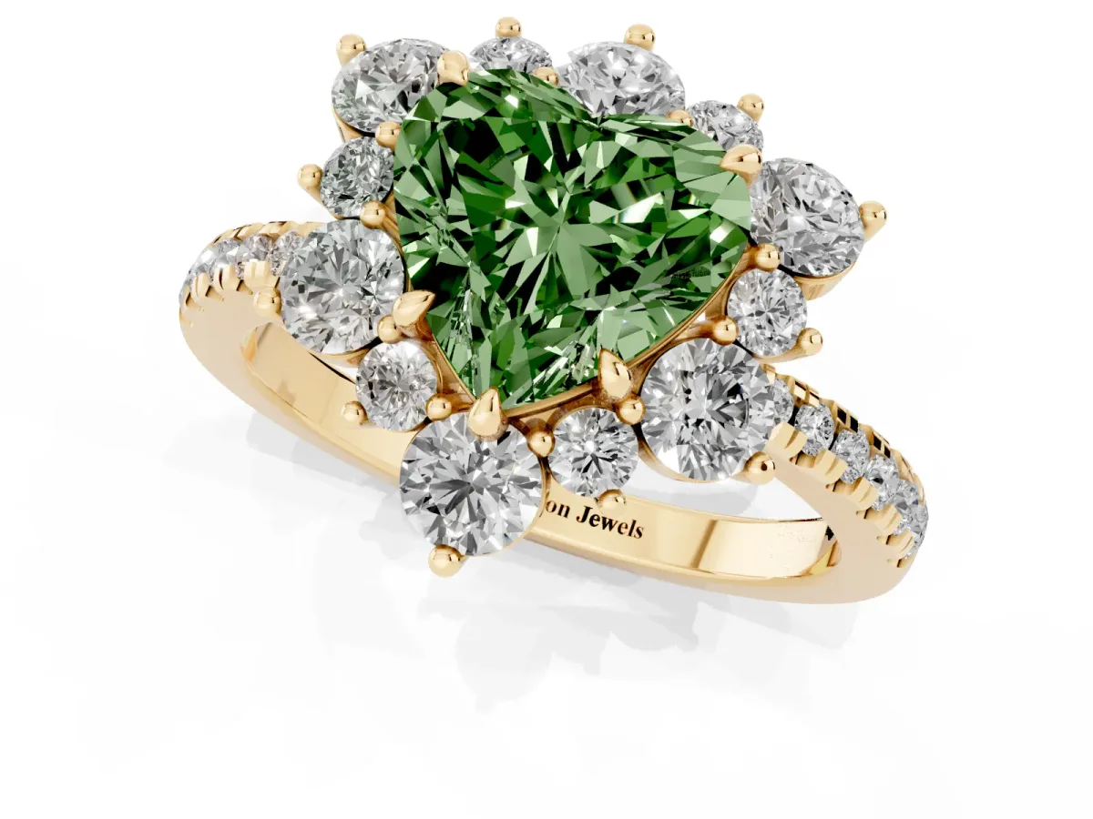 Fancy Green Heart Cut Diamond Floral Halo Ring with Round Pavé Band and Prong Setting Yellow gold