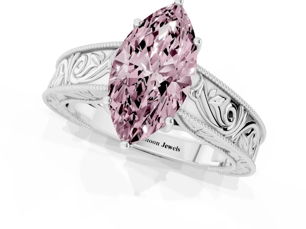 Fancy Pink Marquise Cut Diamond Solitaire Ring with Engraved Band and Four-Prong Setting White gold
