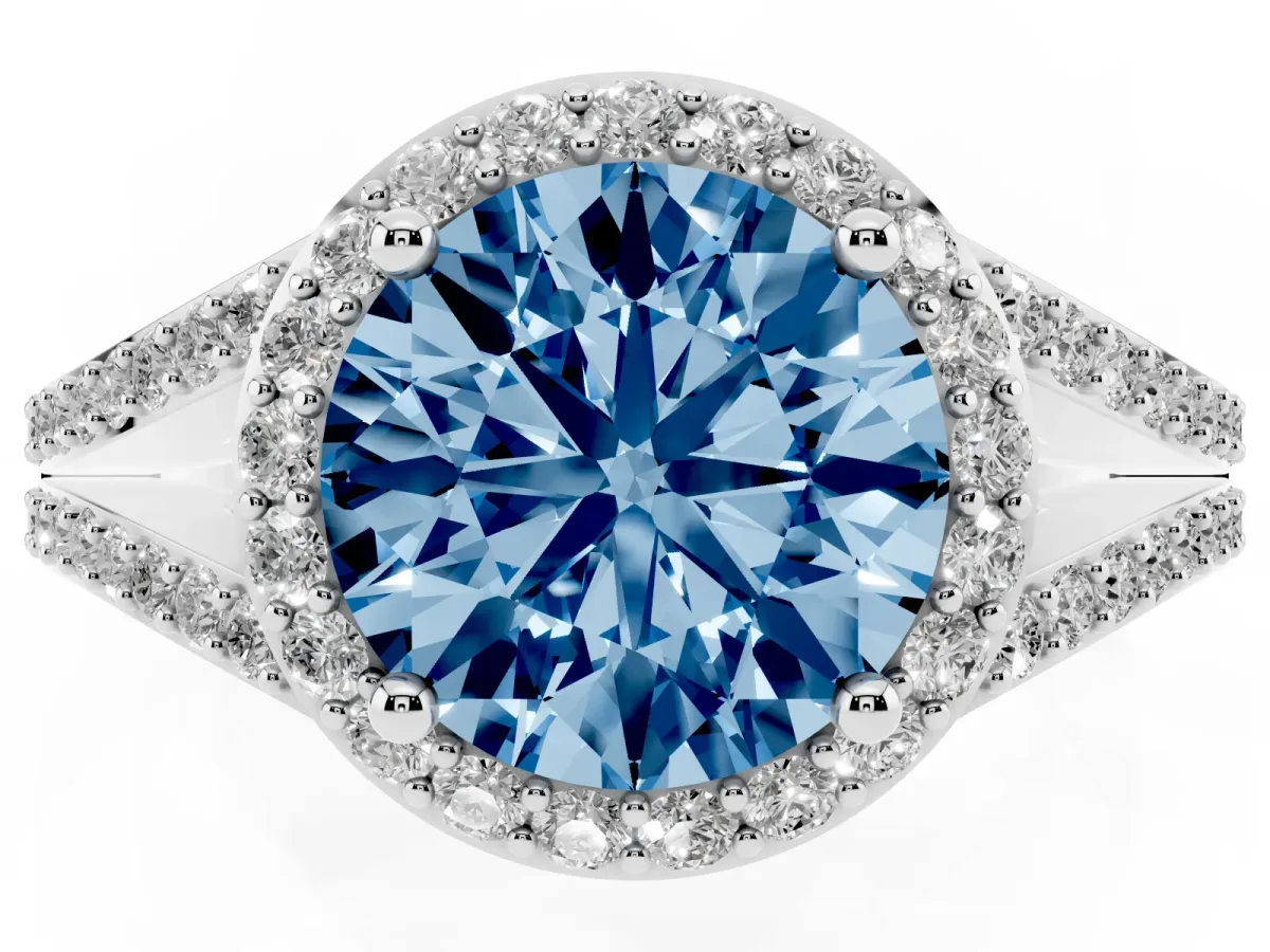 Fancy Blue Round Cut Halo Split Shank Pave Diamond Ring with Four-Prong Setting Silver