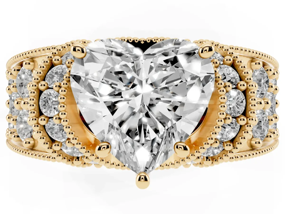 Heart Cut Halo Pave Diamond Engagement Ring with Milgrain Detailing Yellow gold