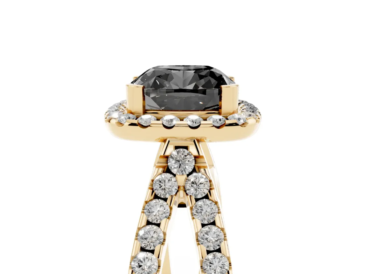 Fancy Black Cushion Cut Diamond Halo Ring with Split Shank Pavé Band and Prong Setting Yellow gold