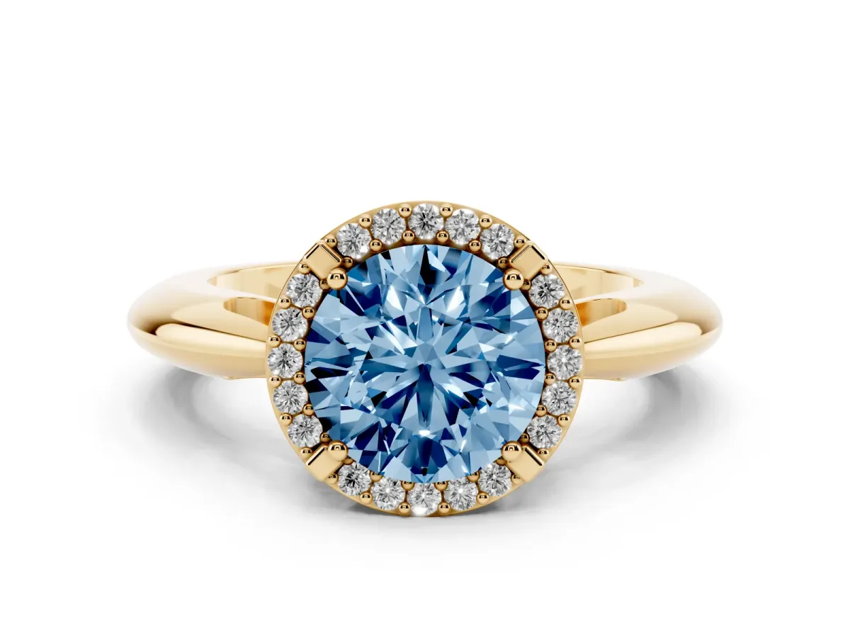 Fancy Blue Round Cut Cut Diamond Halo Engagement Ring with Split Shank and Four-Prong Setting Yellow gold