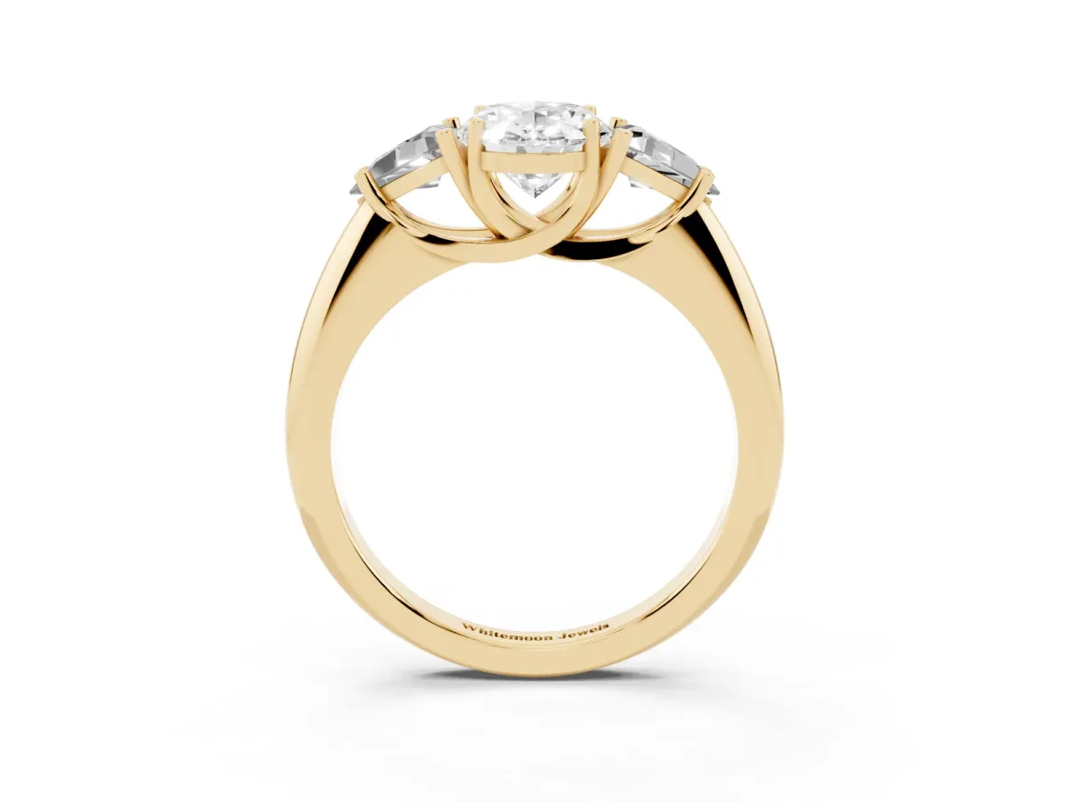 Three-Stone Oval Cut Diamond Engagement Ring with Trillion Side Stones and Prong Setting Yellow gold