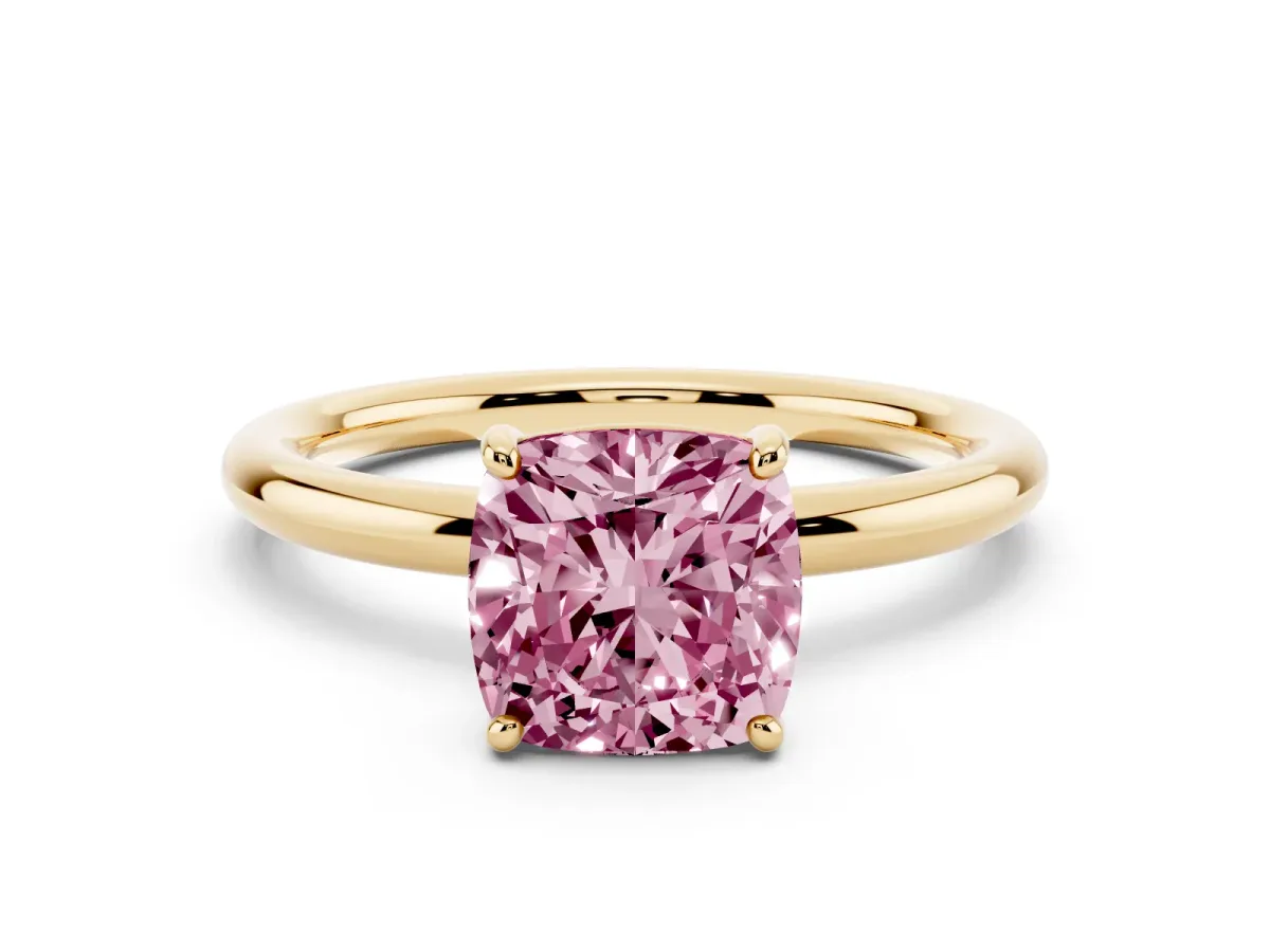 Fancy Pink Cushion Cut Solitaire Diamond Ring with Four-Prong Setting on a Plain Band Yellow gold