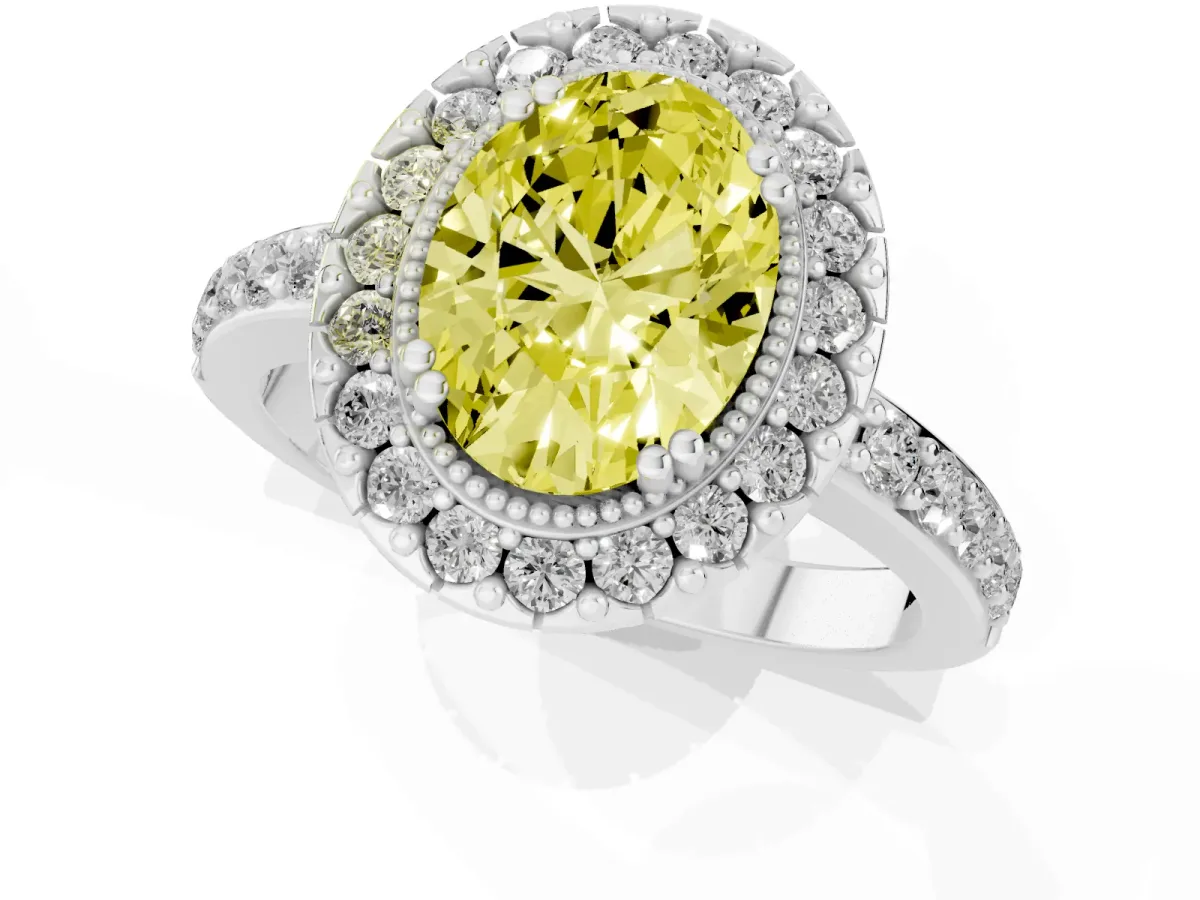 Fancy Yellow Oval Cut Diamond Halo Ring with Pavé Band and Prong Setting Silver