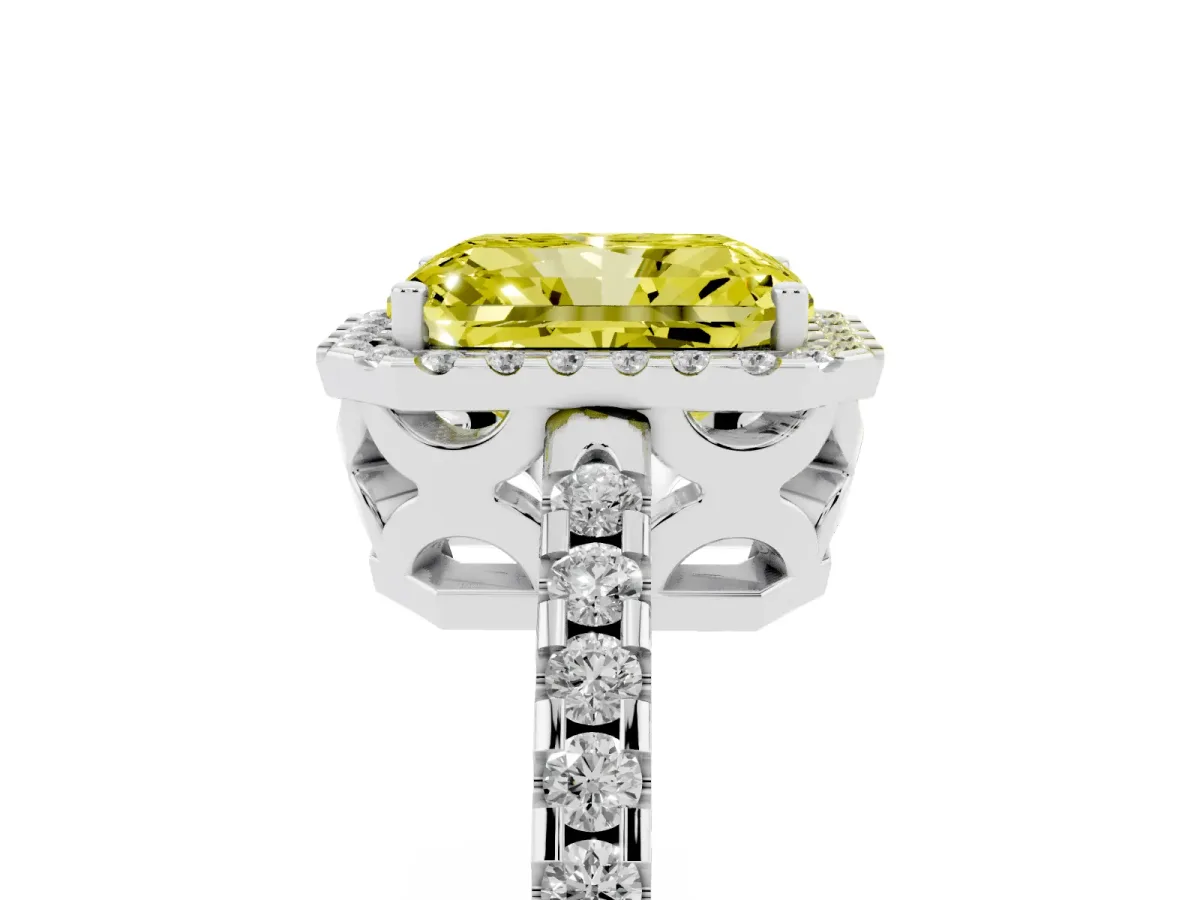 Fancy Yellow Radiant Cut Diamond Halo Engagement Ring with Pavé Band and Prong Setting Silver