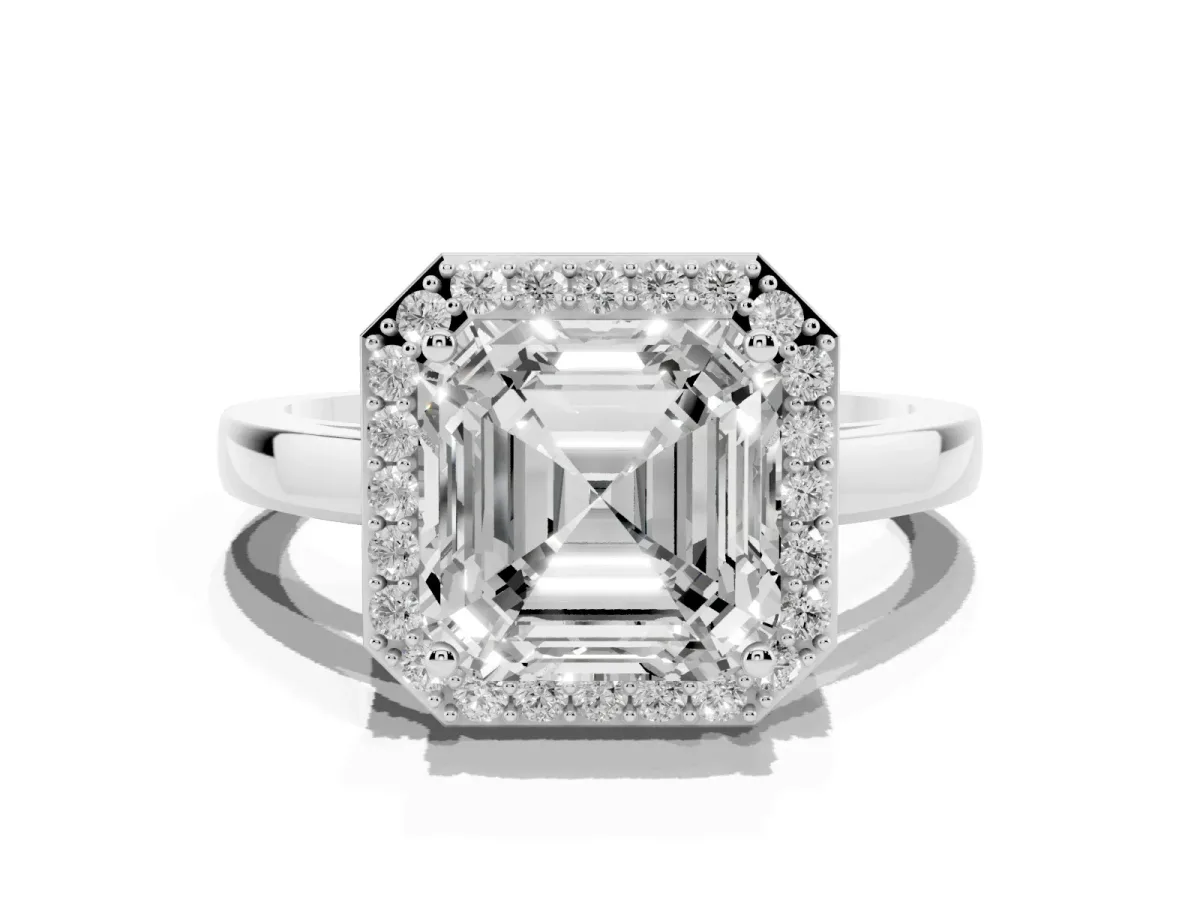 Asscher Cut Halo Diamond Ring with Solitaire Band and Prong Setting Silver