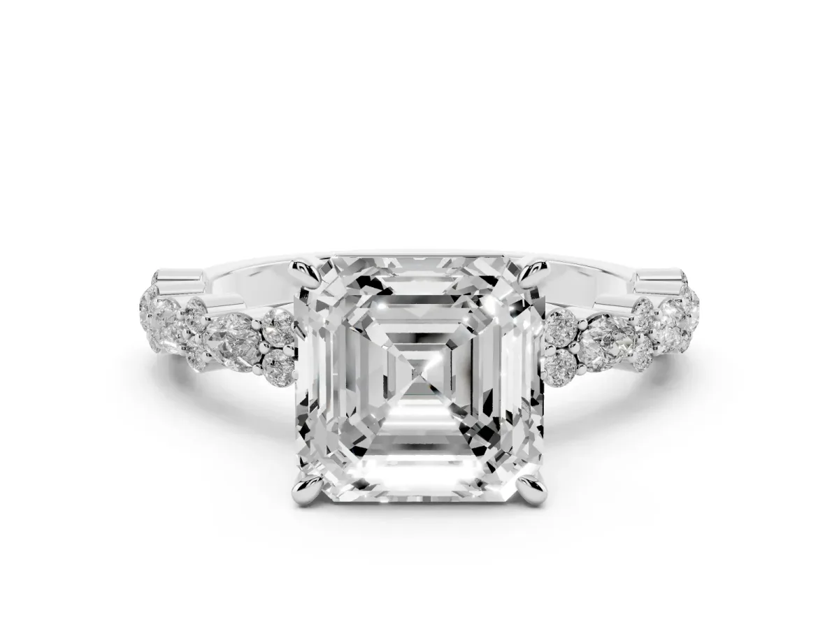 Asscher Cut Diamond Side Stone Solitaire Ring with Round and Four-Prong Setting Silver