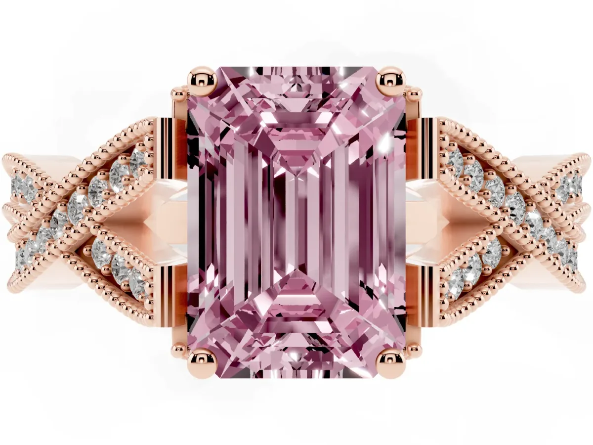 Fancy Pink Emerald Cut Cut Diamond Twisted Band with Milgrain Pave Setting and Four-Prong Setting Rose gold