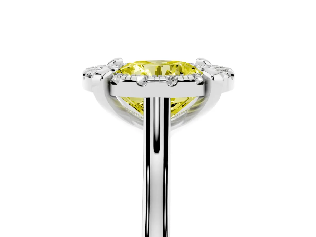 Fancy Yellow Round Cut Diamond Cluster Halo Solitaire with Four-Prong Setting Platinum