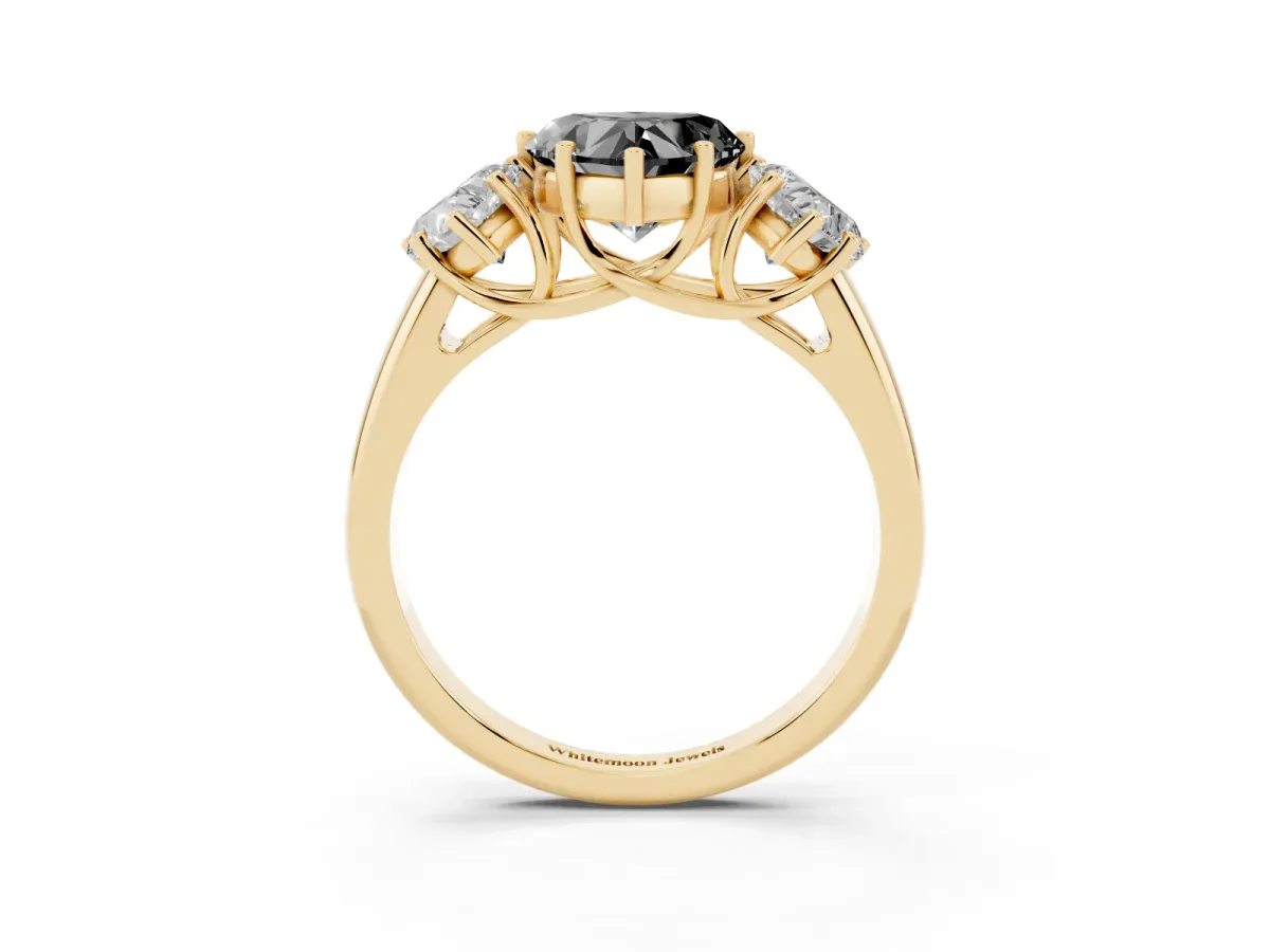 Fancy Black Three-Stone Heart Cut Diamond Engagement Ring with Prong Setting Yellow gold