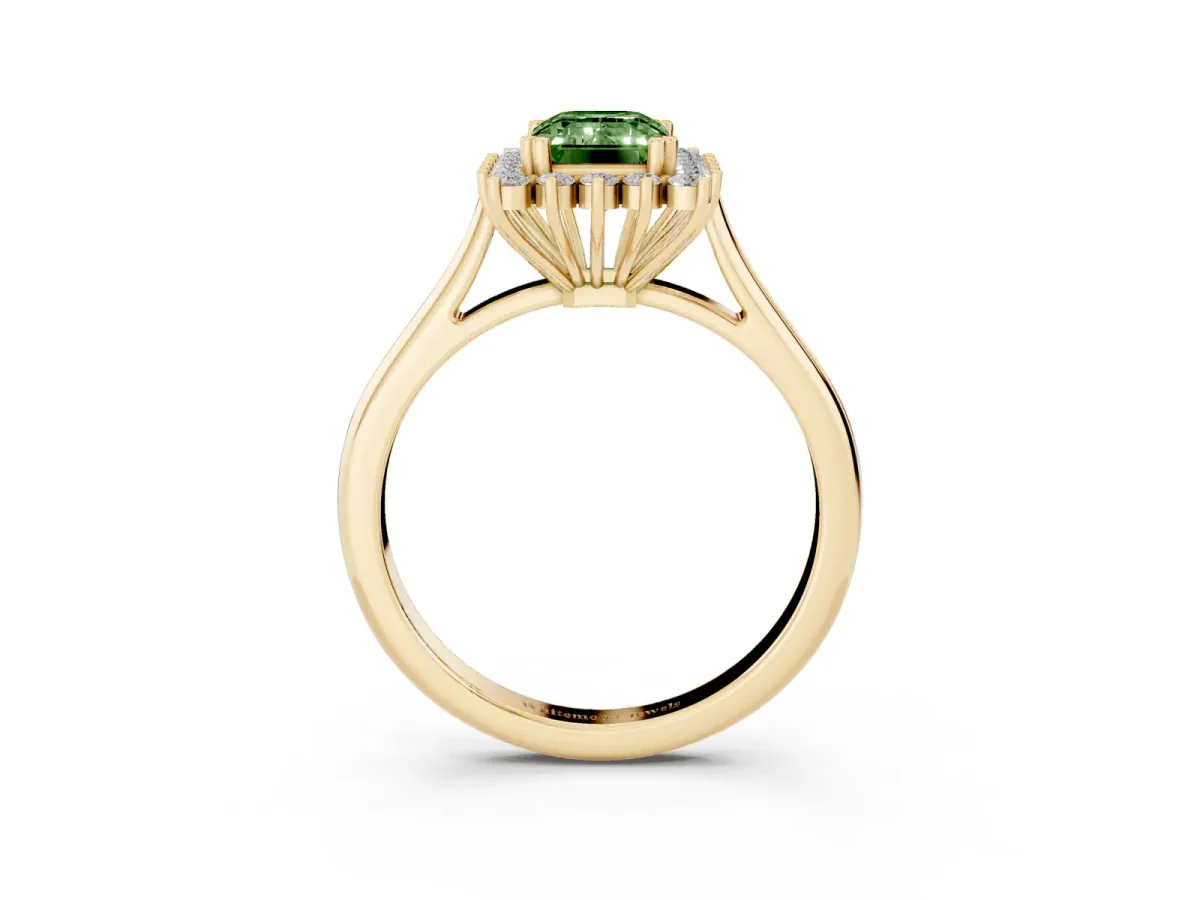 Fancy Green Emerald Cut Cut Diamond Halo Ring with Solitaire Band and Prong Setting Yellow gold