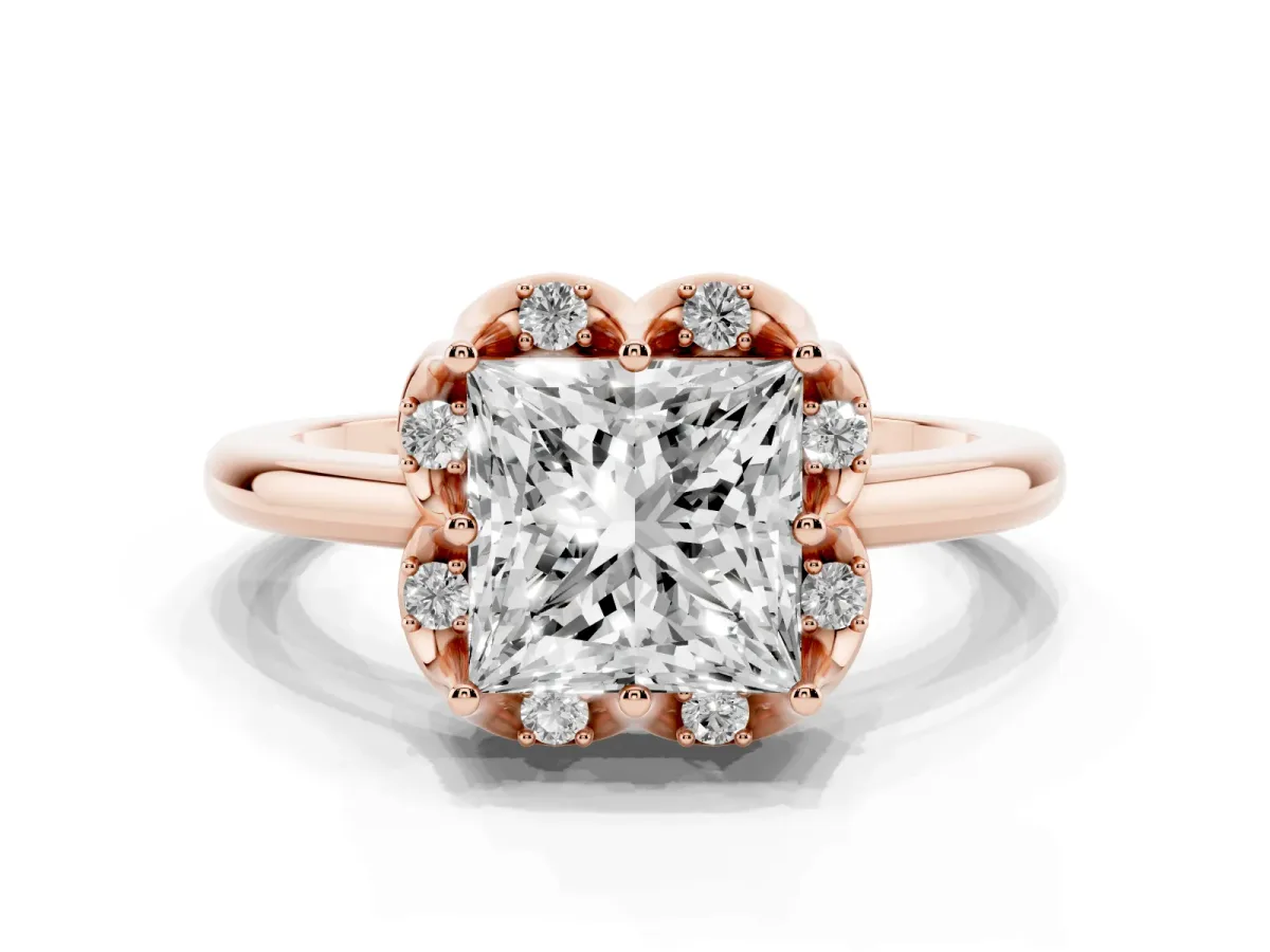 Princess Cut Halo Diamond Ring with Round Cluster Setting, Solitaire Band, and Four-Prong Setting Rose gold