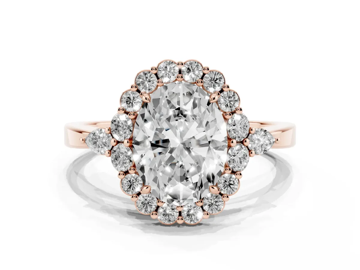 Oval Cut Diamond Halo Ring with Pear Side Stones and Prong Setting Rose gold