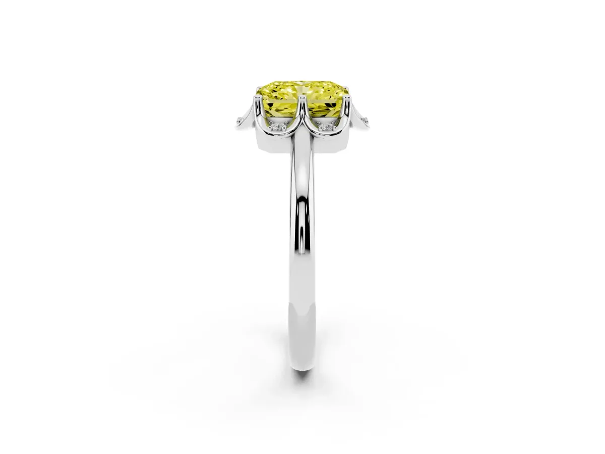 Fancy Yellow Radiant Cut Halo Diamond Ring with Round Cluster Setting, Solitaire Band, and Four-Prong Setting Platinum