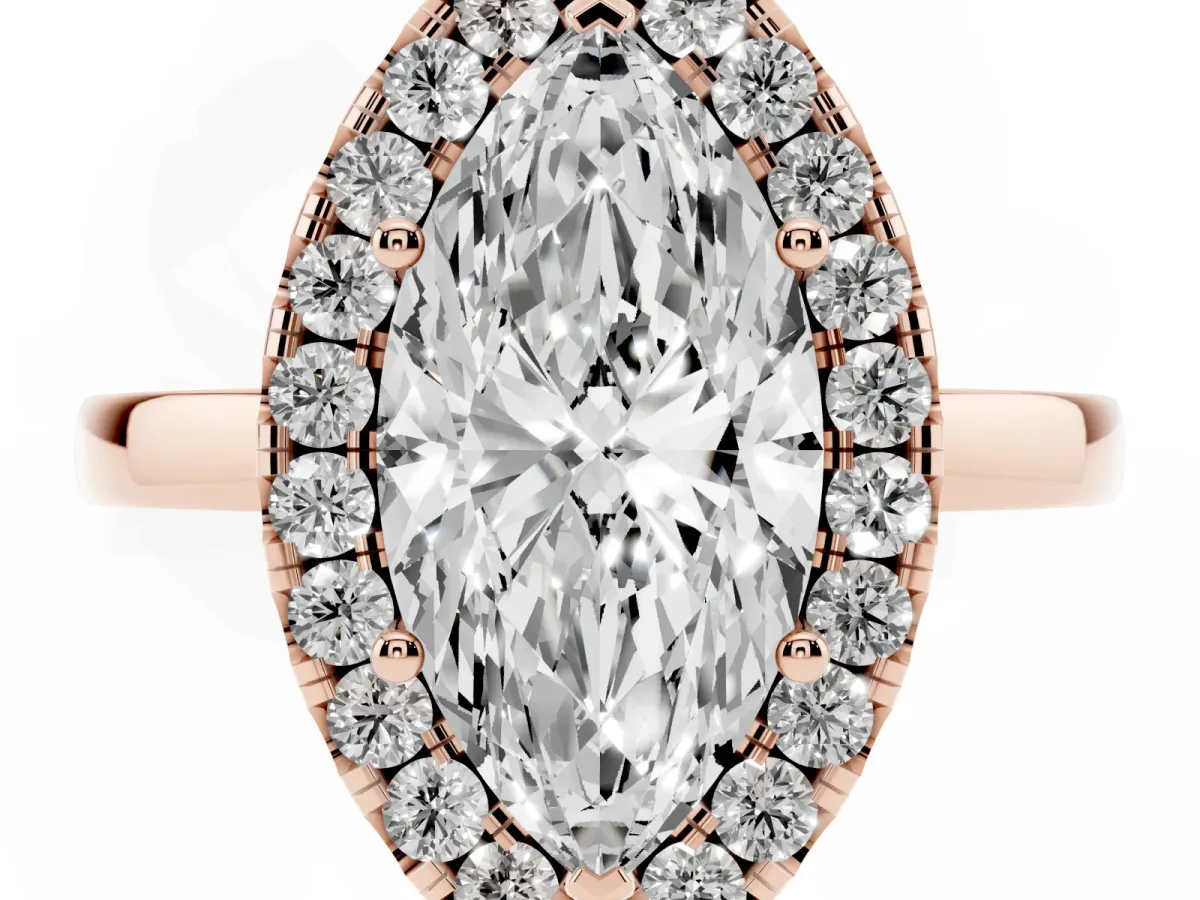 Marquise Cut Halo Diamond Solitaire with Pavé Band and Four-Prong Setting Rose gold