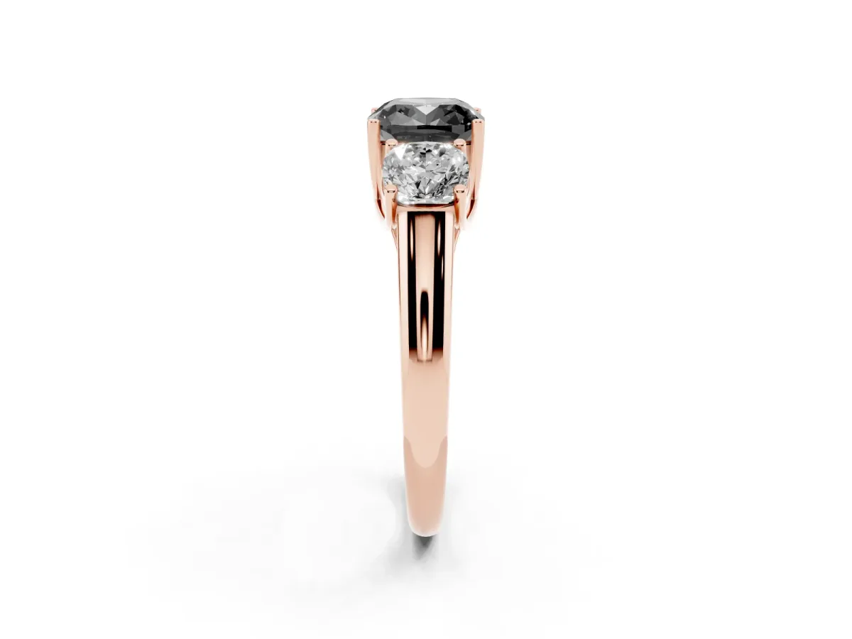 Fancy Black Three-Stone Cushion Cut Diamond Engagement Ring with Prong Setting Rose gold