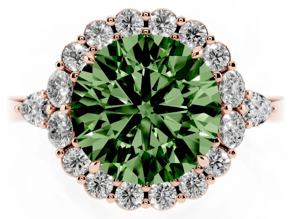 Fancy Green Round Cut Diamond Halo Ring with Pear Side Stones and Prong Setting Rose gold