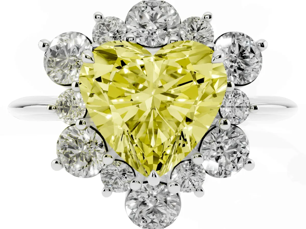Fancy Yellow Heart Cut Diamond Cluster Halo Ring with Solitaire Band and Four-Prong Setting White gold