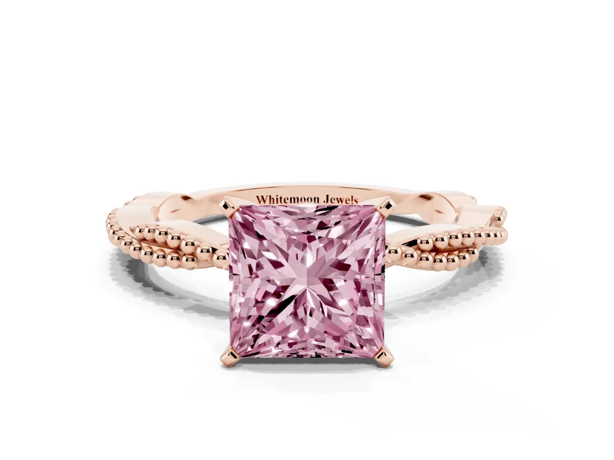 Fancy Pink Princess Cut Solitaire Twisted Band with Bead Prong Setting Rose gold