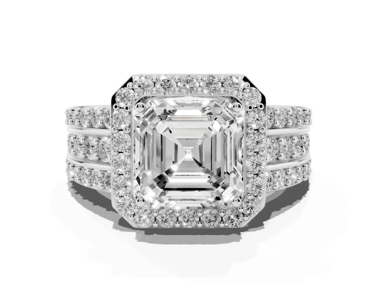 Asscher Cut Halo Diamond Ring with Round Split Shank and Prong Setting Silver