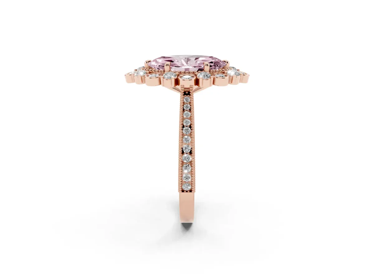 Fancy Pink Marquise Cut Halo Milgrain Pave Diamond Ring with Four-Prong Setting Rose gold