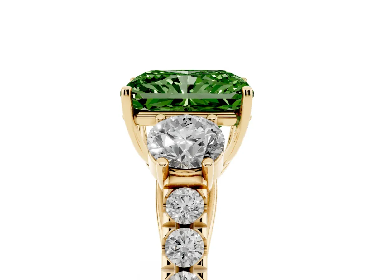 Fancy Green Radiant Cut Cut Diamond Three-Stone Ring with Round Side Stones and Pavé Band Yellow gold