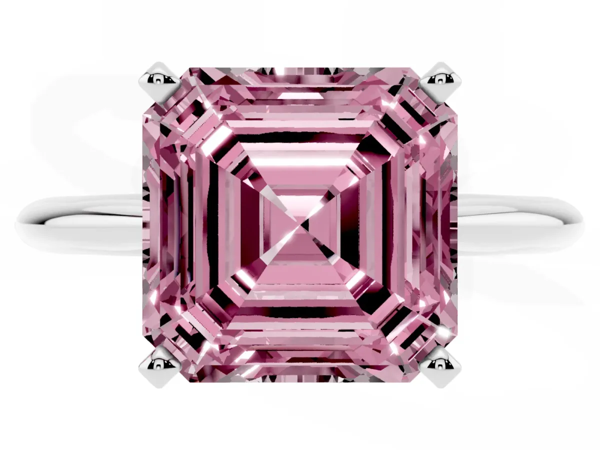Fancy Pink Asscher Cut Cut Solitaire Ring with Four-Prong Setting on a Classic Band Silver
