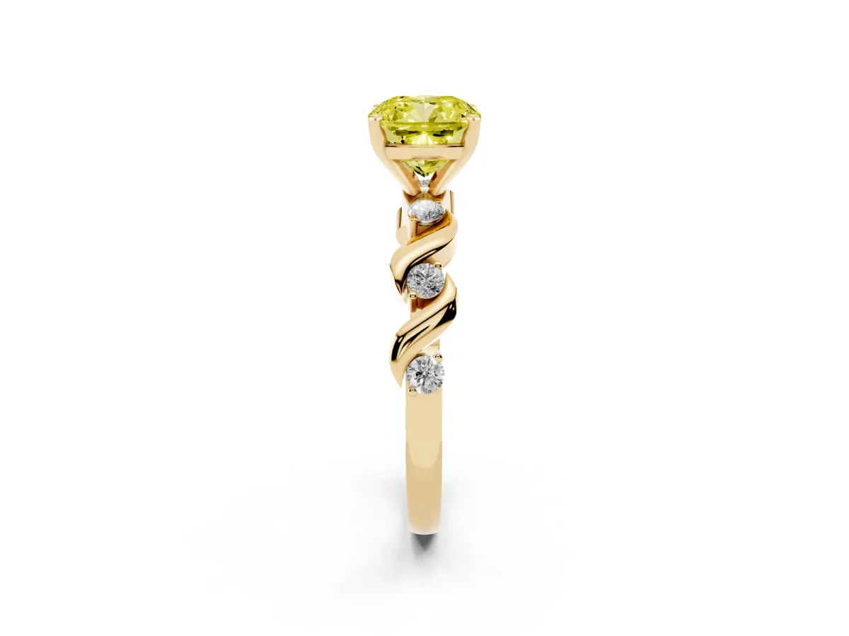 Fancy Yellow Cushion Cut Diamond Solitaire Twisted Band with Round Accents and Prong Setting Yellow gold