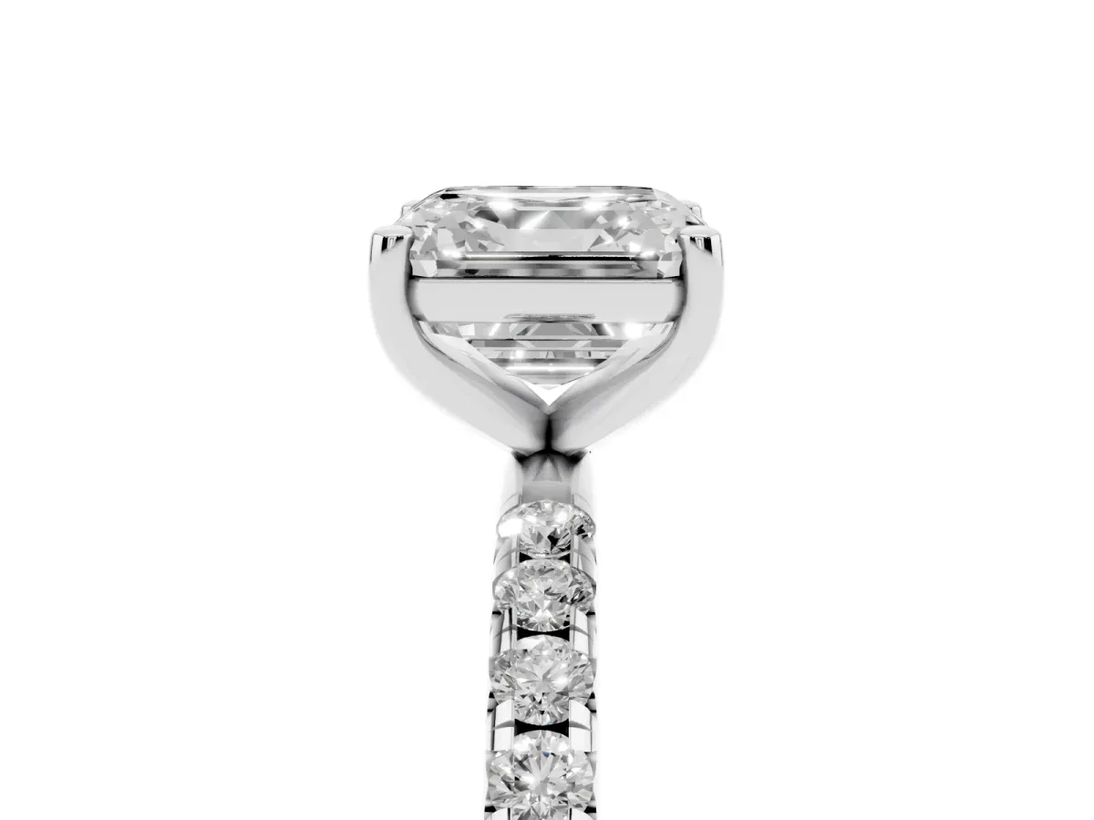 Asscher Cut Cut Diamond Solitaire Ring with Micro Pave Band and Four Prong Setting Silver