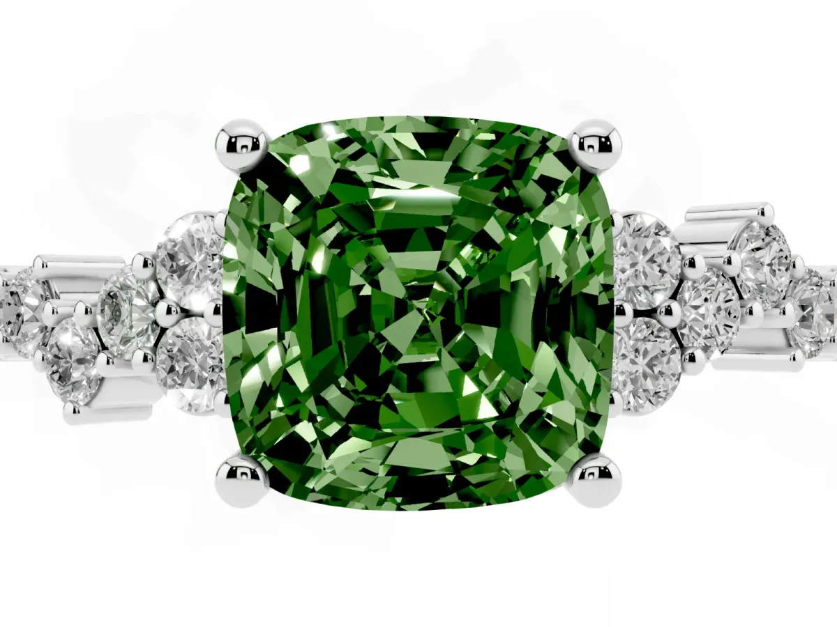 Fancy Green Cushion Cut Diamond Scattered Round Accent Ring with Prong Setting White gold