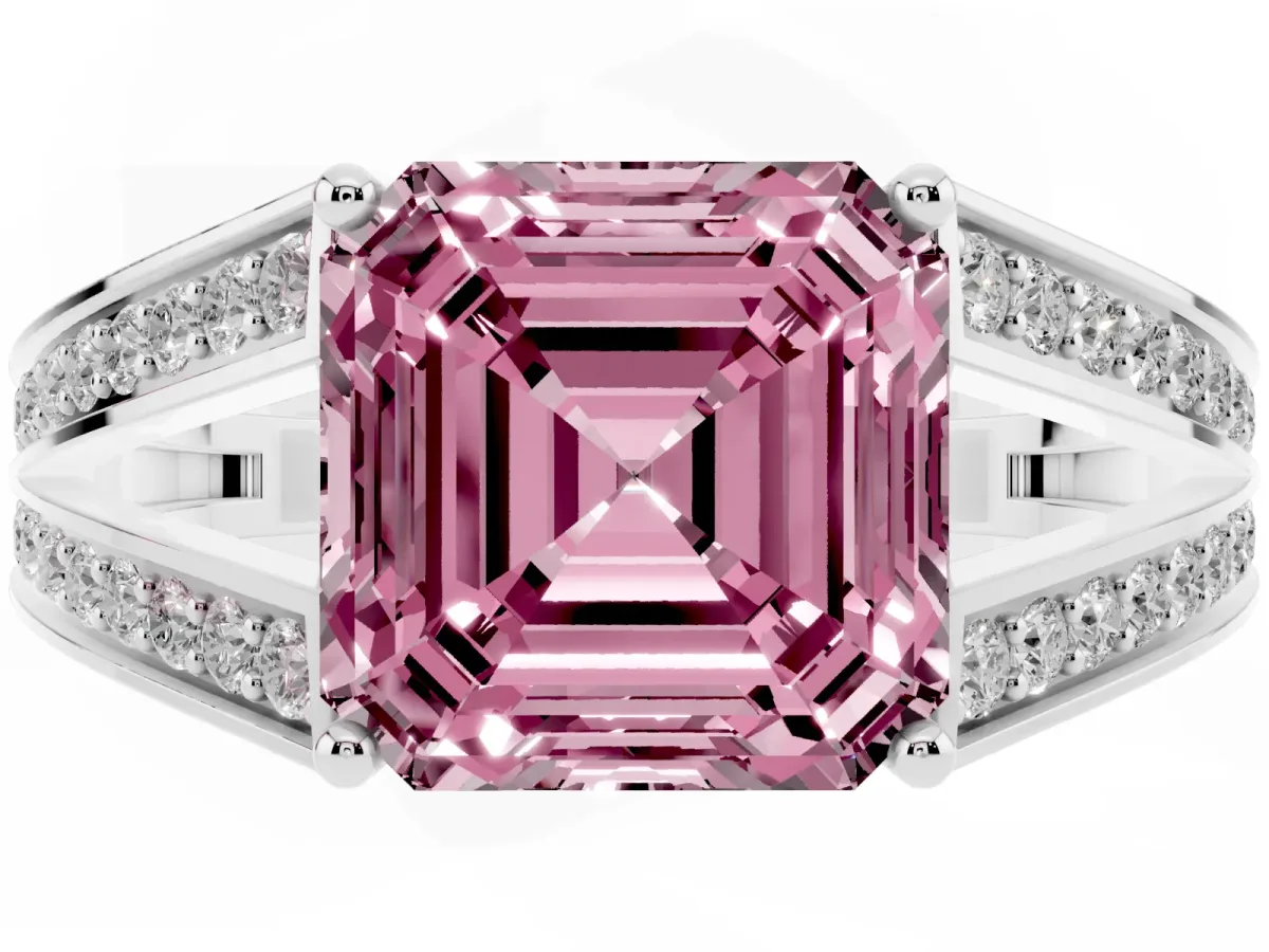Fancy Pink Asscher Cut Diamond Split Shank Ring with Pavé Band and Four-Prong Setting White gold