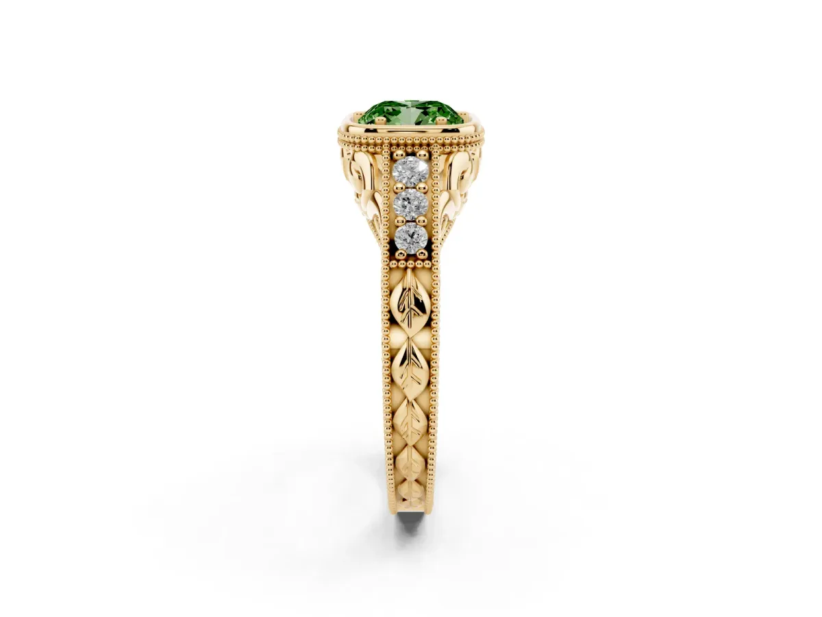 Fancy Green Bezel Set Cushion Cut Diamond Milgrain Pave Engagement Ring Yellow gold