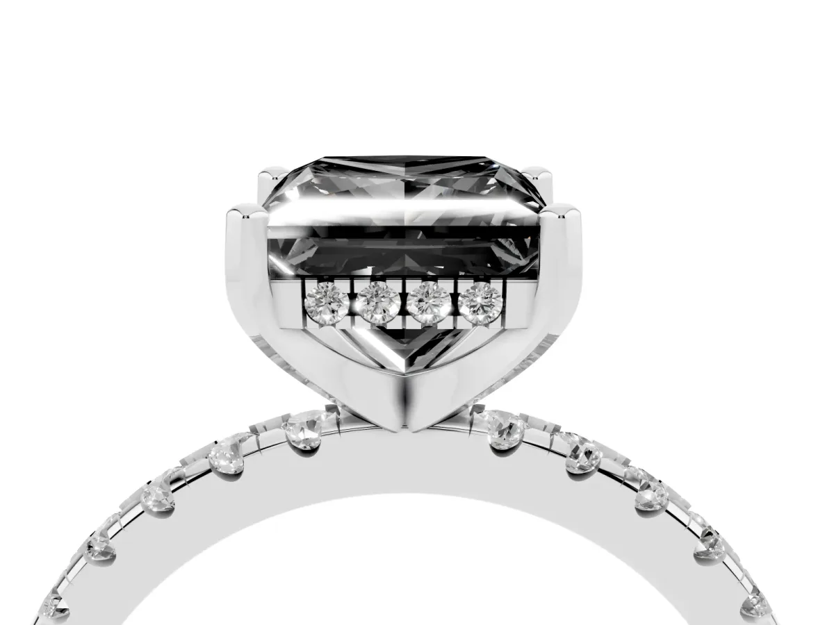 Fancy Black Princess Cut Diamond Solitaire Ring with Round Pavé Band and Four-Prong Setting White gold
