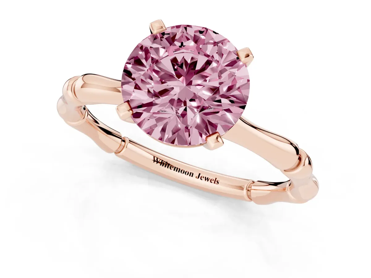 Fancy Pink Round Cut Solitaire Diamond Ring with Bamboo Band and Four-Prong Setting Rose gold
