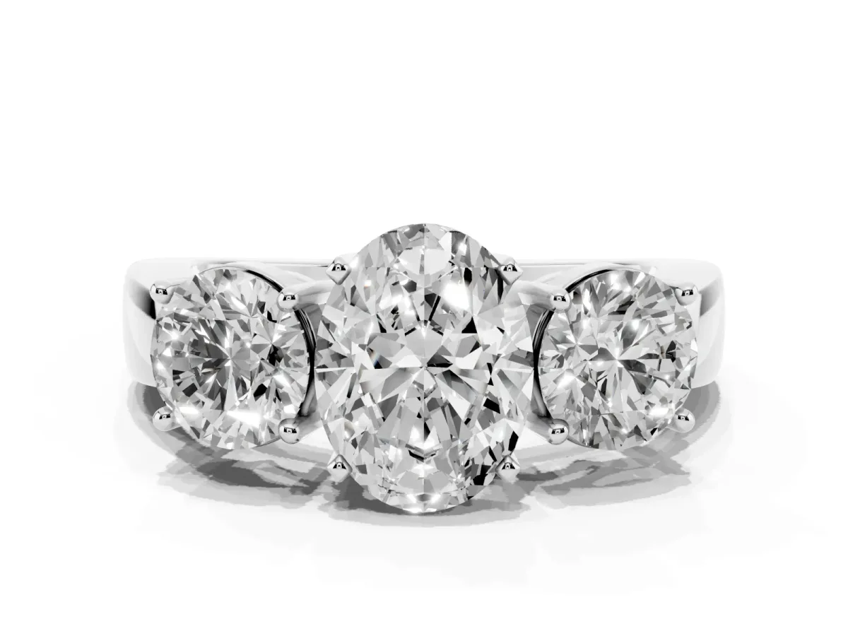 Three-Stone Oval Cut Diamond Ring with Round Side Stones, Classic Band, and Four-Prong Setting Silver