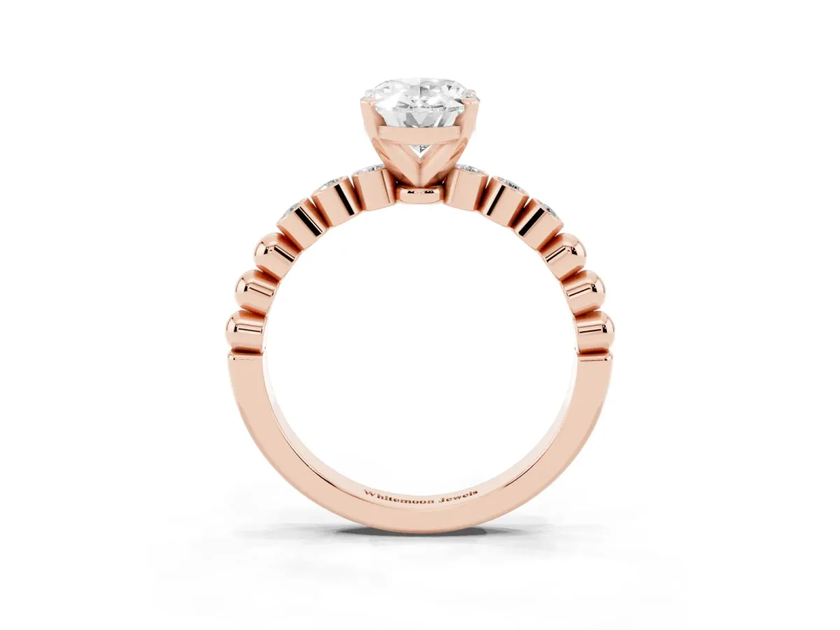 Oval Cut Solitaire Bezel Accent Diamond Engagement Ring with Beaded Band and Four-Prong Setting Rose gold