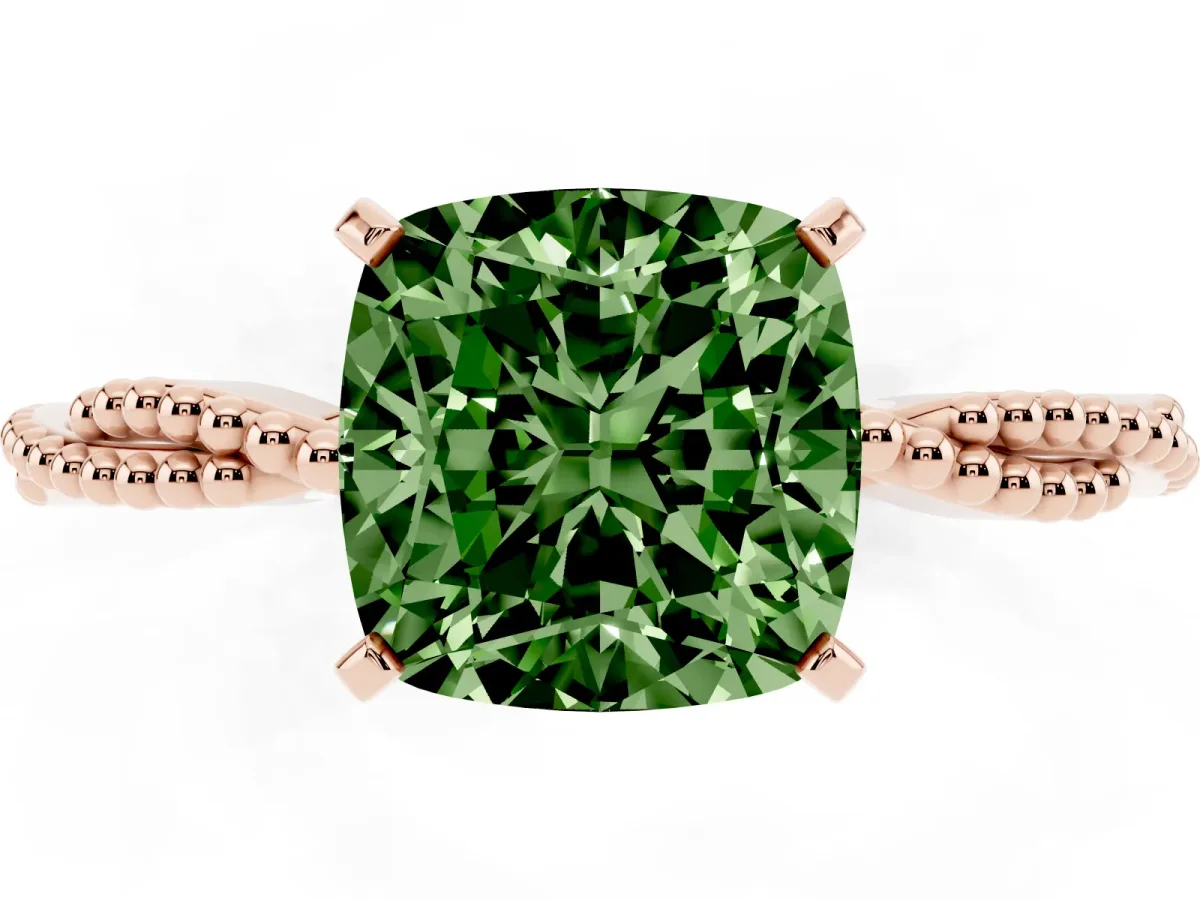 Fancy Green Cushion Cut Solitaire Twisted Band with Bead Prong Setting Rose gold