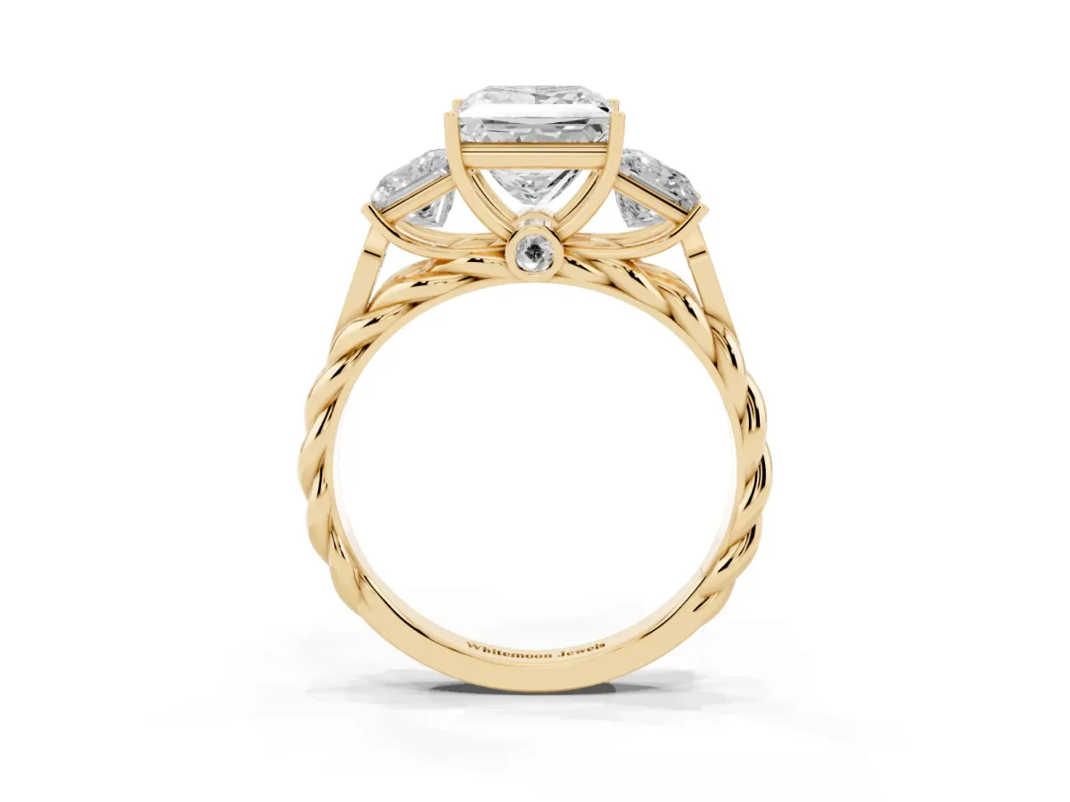 Three-Stone Princess Cut Diamond Braided Band Ring with Four-Prong Setting Yellow gold