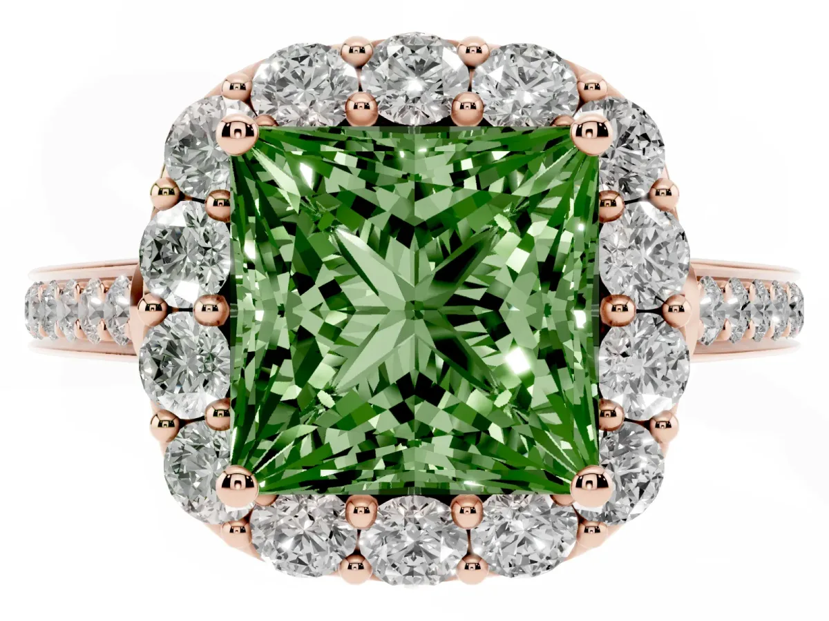 Fancy Green Princess Cut Diamond Floral Halo Ring with Pavé Band and Prong Setting Rose gold