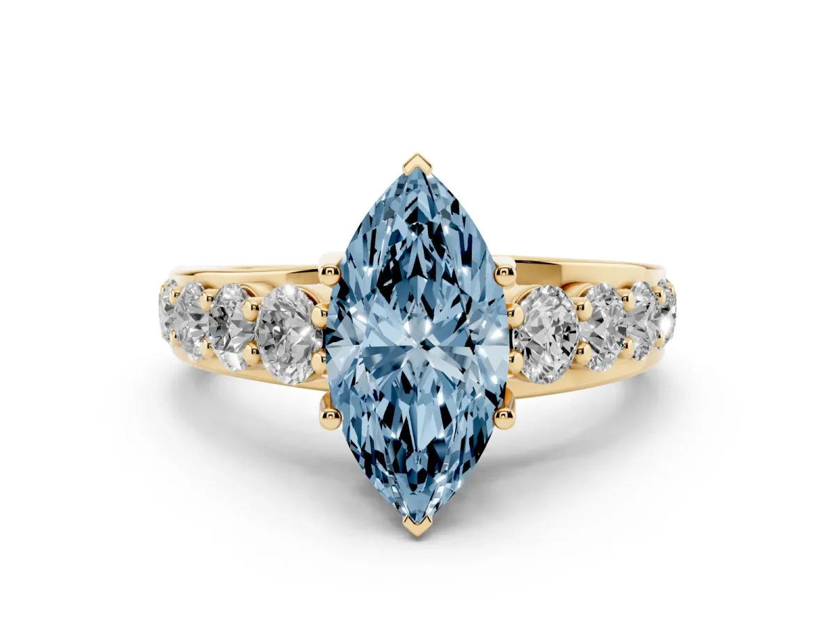 Fancy Blue Marquise Cut Diamond Engagement Ring with Pavé Band and Four-Prong Setting Yellow gold