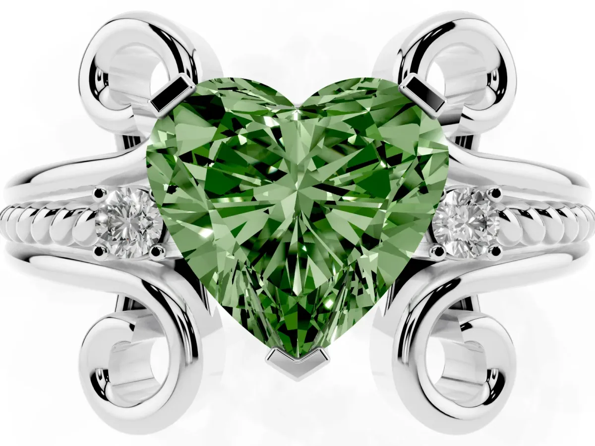 Fancy Green Heart Cut Solitaire Twisted Band Scroll Prong Ring White gold